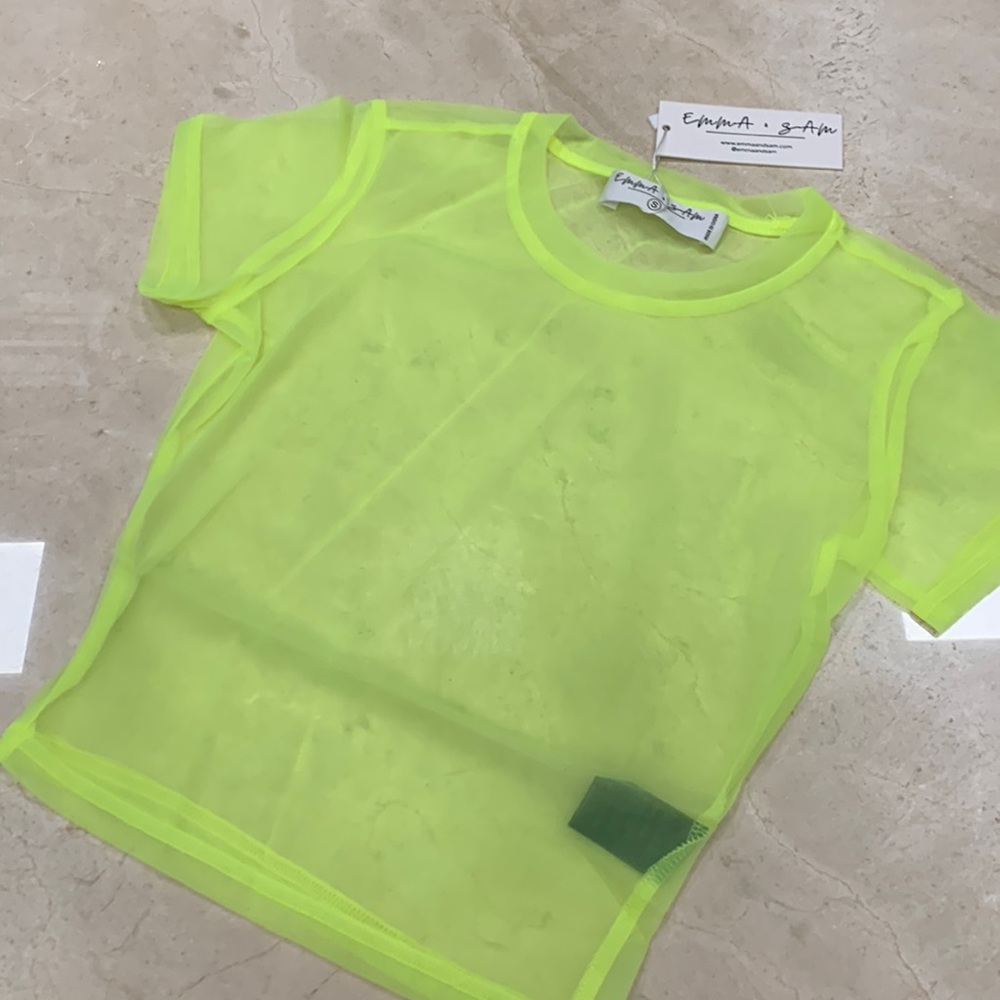 EMMA & SAM MESH CROPPED SHORT SLEEVE TOP LAYERING IN NEON LEMON SZ SMALL - Picture 5 of 14